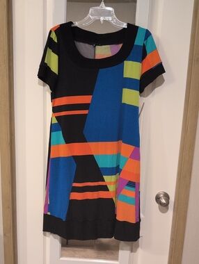 Tiana B. Black Tunic with Blue, Orange, Teal, Lime & Purple Blocks